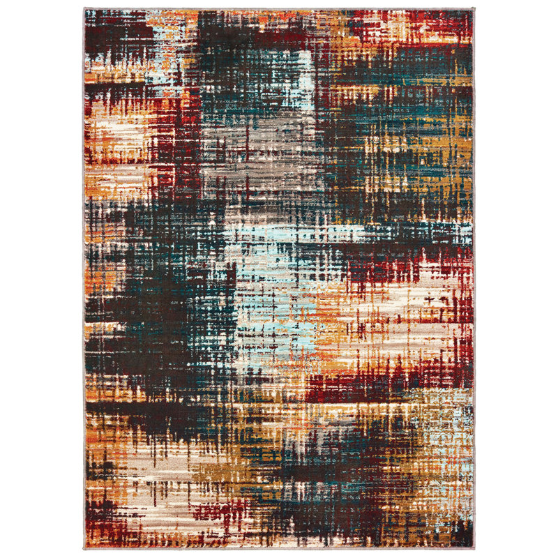 Tapis rouge/bleu tissé à la machine Jovie, Rectangle 9 pi 10 po x 12 pi 10 po