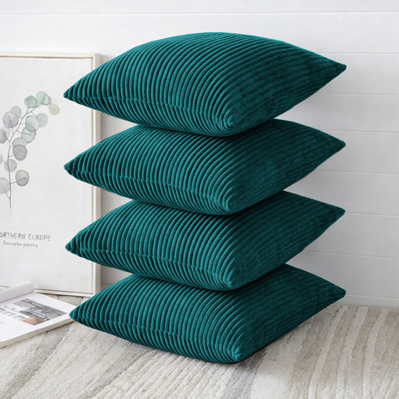 Striped Square Scatter Crushed Velvet Cushion Cover (Set of 4), Emerald