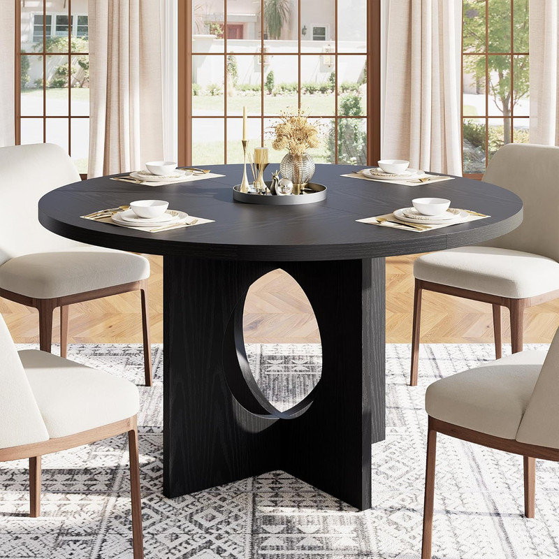 47" Round Dining Table for 4‑6, Circle Kitchen Table with Sturdy Pedestal Base for Apartment, Living Room, Black
