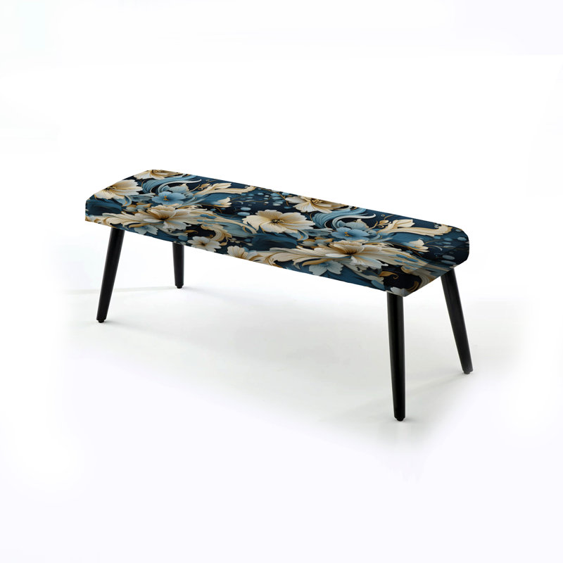 Banc rembourré floral noir, Motif cachemire bleu et beige I