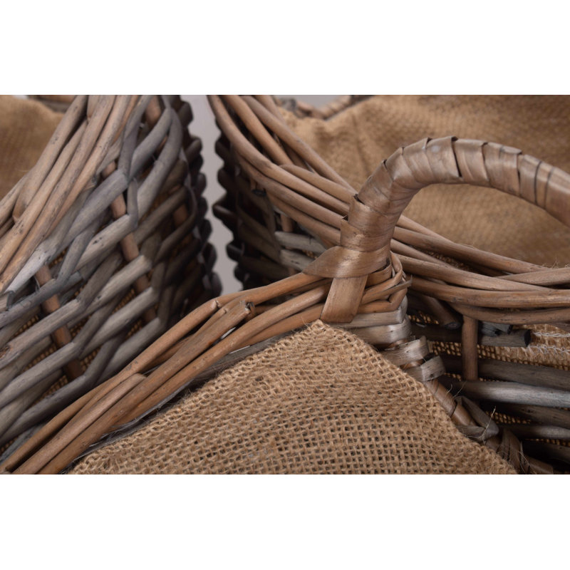Wicker Scoop Neck Hessian Lined 3 Piece Storage Basket Set