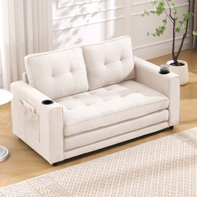 Canapé-lit convertible 3-en-1 avec futon et canapé-lit, causeuse pliable et capitonnée avec canapé-lit escamotable, causeuse à dossier rabattable avec poches latérales et porte-gobelet