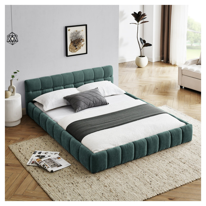 Structure de grand lit tapissier avec tête de lit capitonnée - lit moderne en chenille, aucun sommier nécessaire, Grand lit