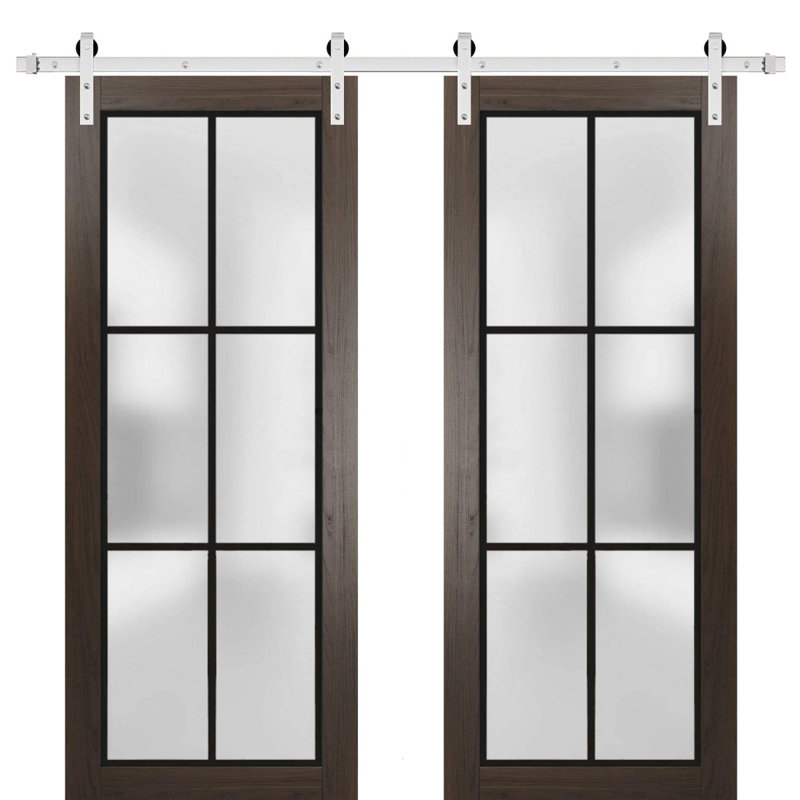 Porte de grange double robuste avec verre givré | Planum 2122 | Ensemble de cintres en métal argentés 13 pi | Portes intérieures modernes à panneau massif - Rail argenté