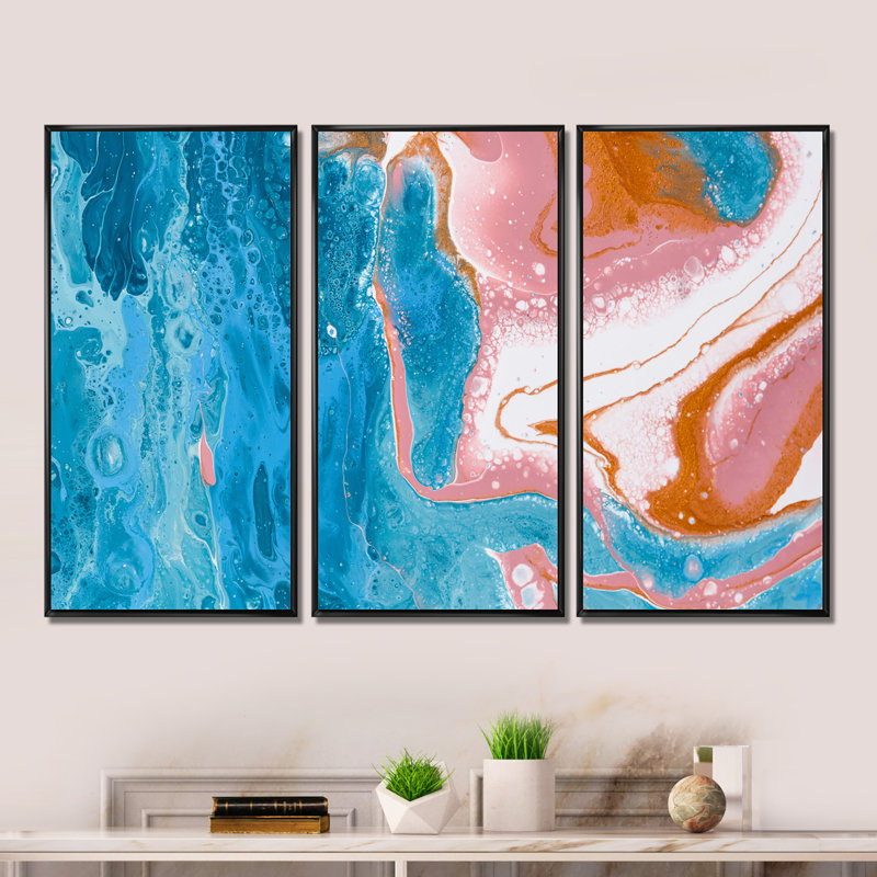 Turquoise et rose, vagues de marbre I - ensemble de 3 peintures sur toile à cadre flottant, H 32 po x l 48 po x P 1 po