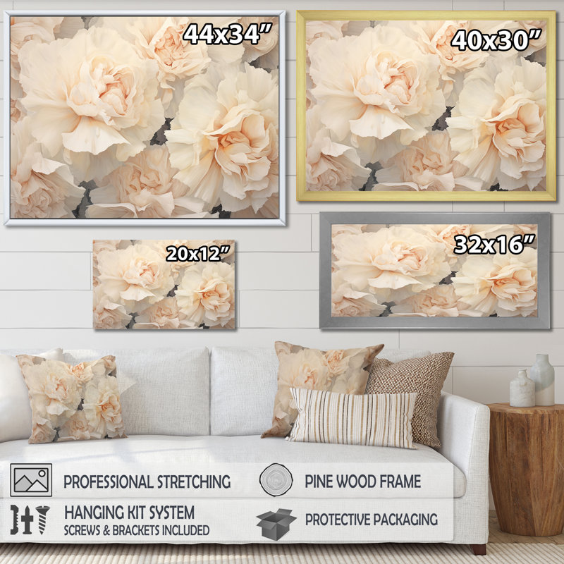 Arrangement d'œillets beige V sur toile, H 30 po x l 40 po x P 1,5 po, Cadre flottant blanc