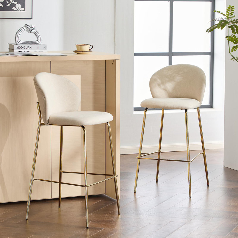 Kira Indoor Upholstered Bar Stool, Beige Fabric With Metal Frame, Set Of 2