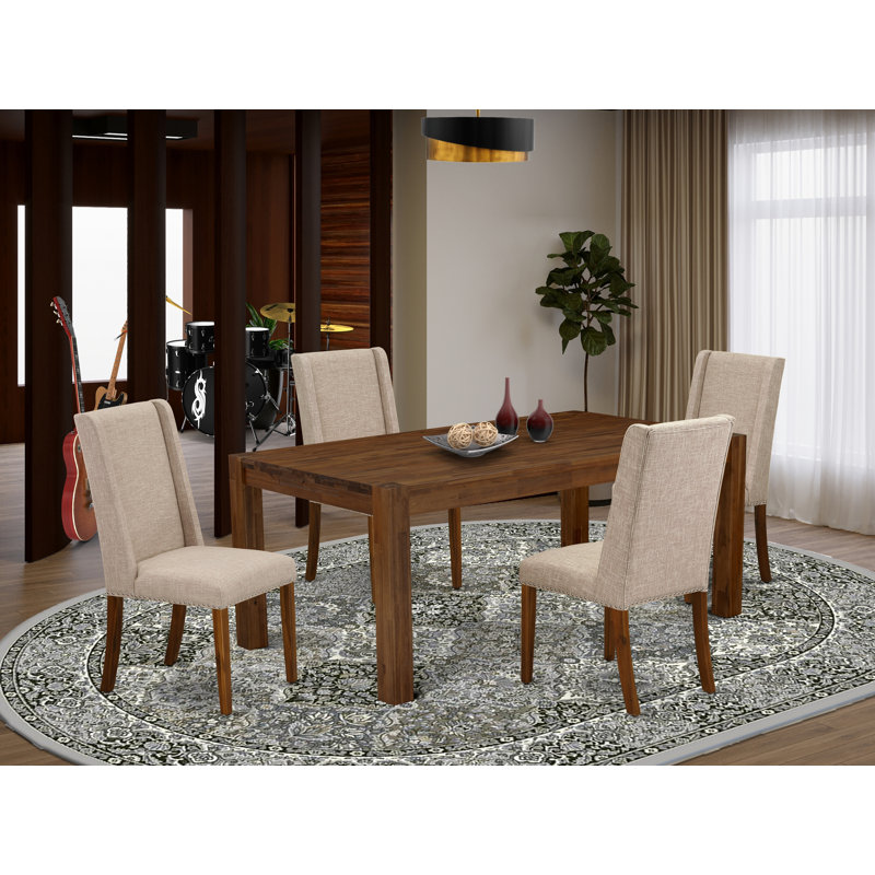 5 Piece Dinette Set for 4 Includes a Rectangle Rustic Wood Dining Table and 4 Light Tan Linen Fabric Parson Dining Room Chairs, Antique Walnut
