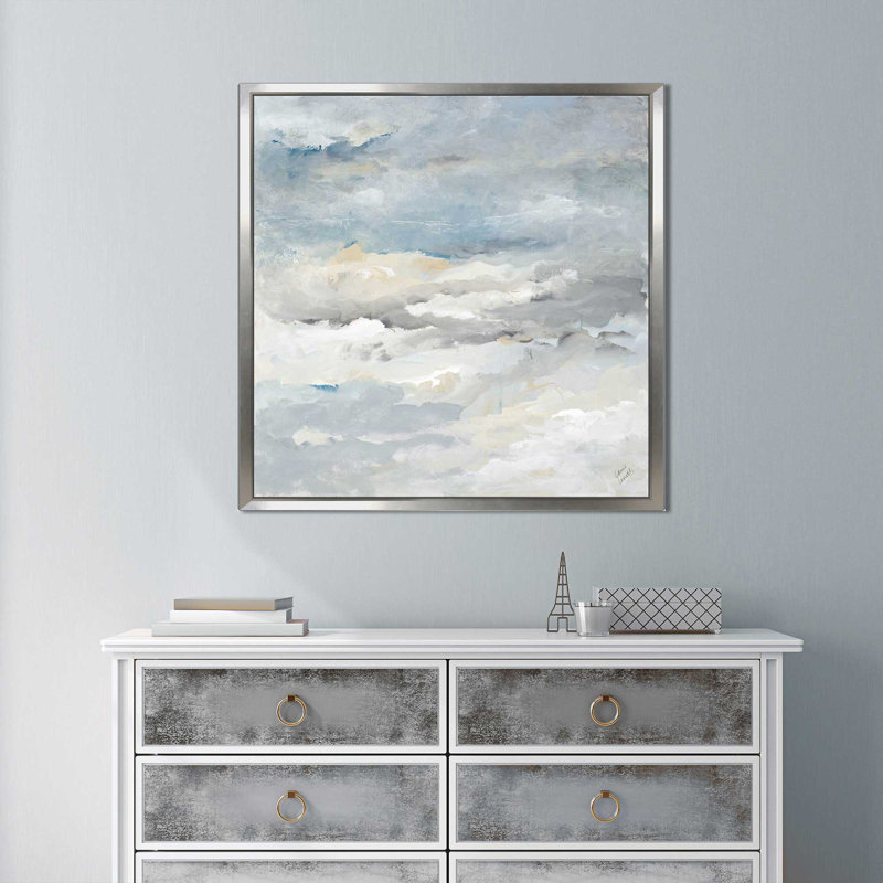 «Sea Meets Sky II», reproduction de peinture acrylique, H 39,5 po x l 39,5 po x P 2 po, Cadre flottant argent