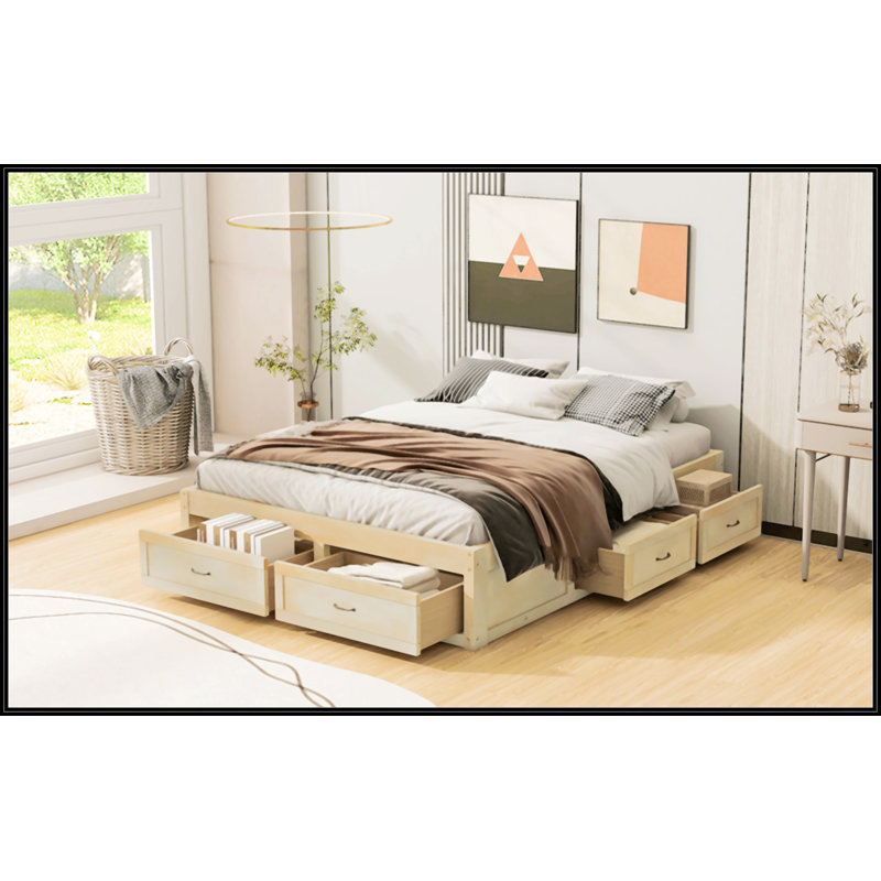 Queen Size Platform Bed With 6 Storage Drawers, Antique Natural