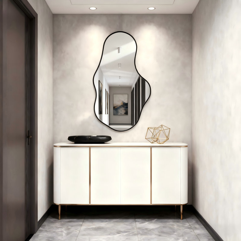 Modern Irregular-shaped Mirror With Black Frame, Shatterproof Hd Glass, Reversible Hanging Design, Black, 35" x 21"