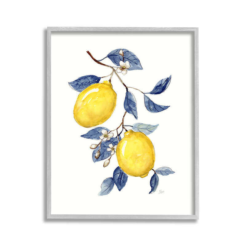 Gray Framed Canvas Print with Lemons and Blue Leaves, 11 x 14