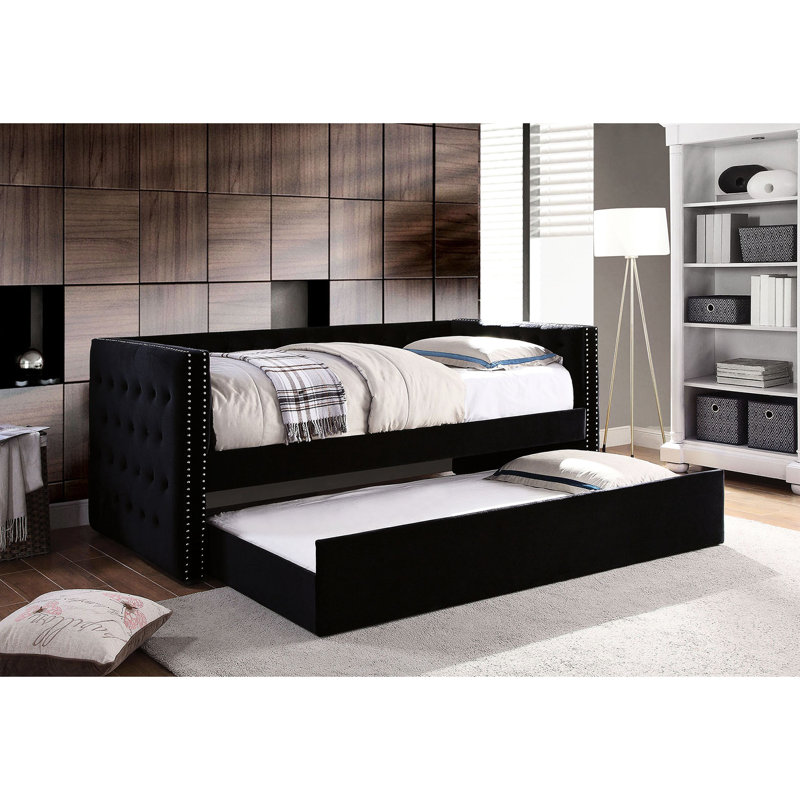 Lit de jour avec couchette avec revêtement en flanelle noire rembourrée, style transitionnel, design, bouton, garniture cloutée, ensemble de lattes rembourrées
