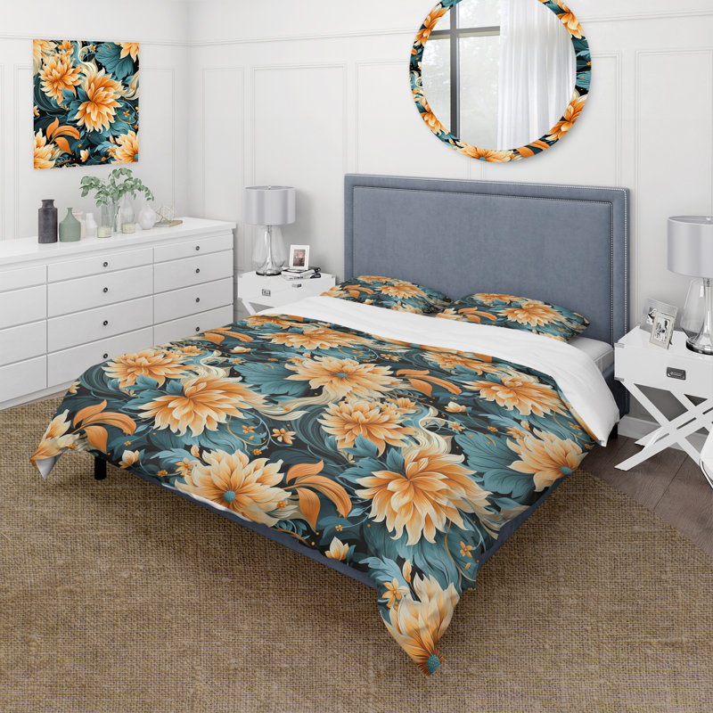 Ensemble de housse de couette Modern Fusion Yewllo and Blue Floral, Housse de couette pour grand lit et 2 taies décor