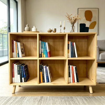 6 Cube Wooden Storage Shelf, Freestanding Open Bookcase with Legs, Natural Solid Wood Cubby Organizer for Living Room, Bedroom, Office, Entryway