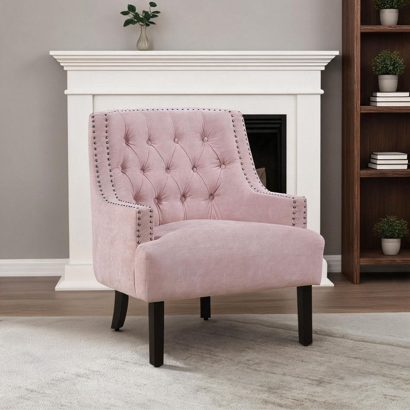 Fauteuil d'appoint de salon en chenille rose chaud capitonné à boutons en bois massif de L 28 po x l 30 po x H 34 po, Rose