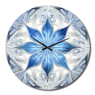 Turquoise And White Fractal Flowers I Metal Wall Clock