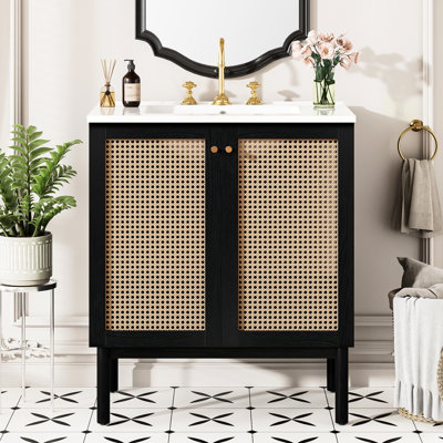 Meuble-lavabo de 30 pouces de matériaux naturels, offrant un assemblage facile et des portes de rangement généreuses à fermeture en douceur