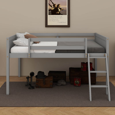Wood Low Loft Bed With Convertible Ladder,Full Size Loft Bed With Safety Guardrails