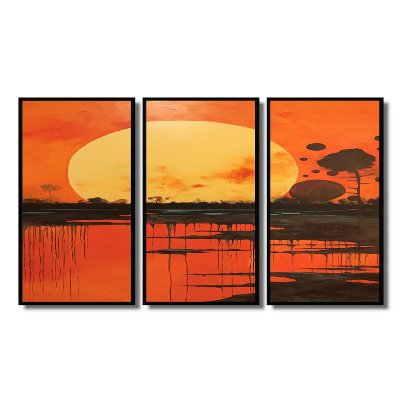 Pleine lune, gloire au-dessus du lac, couleurs rétro - ensemble de décoration murale paysage abstrait, Cadre flottant noir