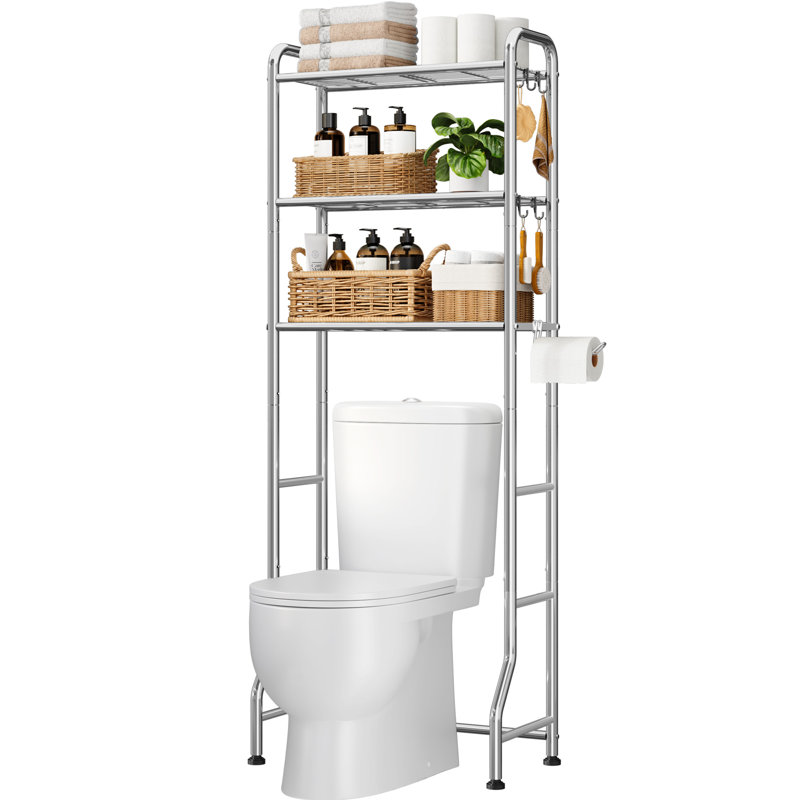 Over Toilet Storage Rack - Metal Over Toilet Bathroom Organizer Shelf, Over The Toilet Storage Cabinet with Paper Holder and Hooks, Bathroom Cabinet for Laundry, Silver, 3 Tiers (63.2" H)