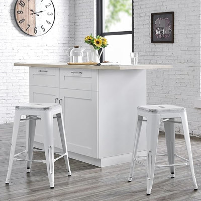 Industrial Backless Metal Bar Stools ( Of 2), 24" Seat, Antique White Appearance, Stackable For Space, Solid Frame, Indoor Outdoor Use Vintage Weight And , Four Legs With Rubber Tips, Reinforced