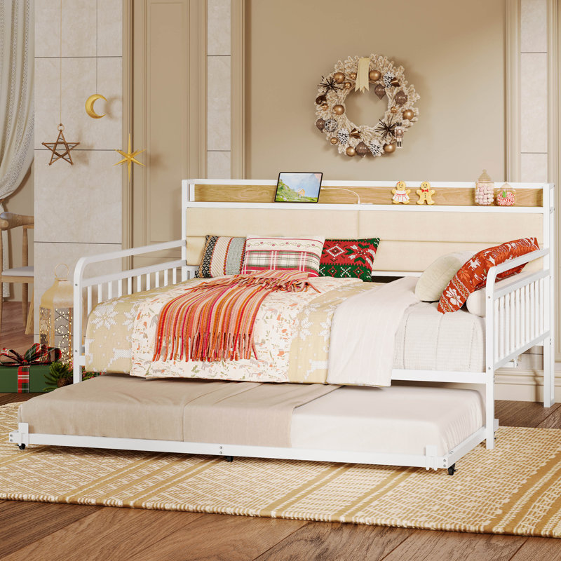 Daybed With Trundle Day Bed With Upholstered Headboard And Charging Station, White, Full / Double
