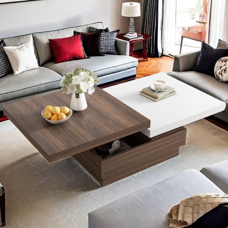 Sarisha Modern Square Coffee Table with Rotatable Top, Two Colors Matching and 1 Hidden Storage Space, White
