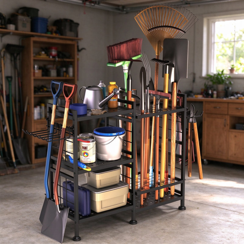 Black 6-Tier Metal Garden Tool Storage Rack, Heavy Duty Shed Storage Organizer, Freestanding Tool Holder for Garage, Yard, Patio, Indoor & Outdoor