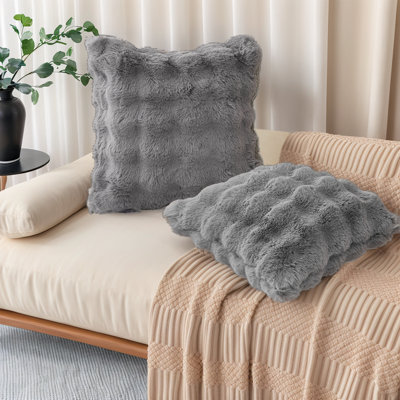 Set Of 2 Luxury Faux Rabbit Fur Pillow Covers - Ultra Soft Plush Decorative Cushions 17.7X17.7 Inch For Sofa & Bedroom
