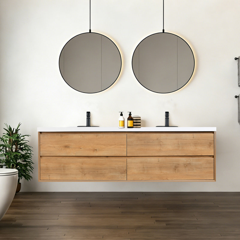 Meuble-lavabo mural 84 po avec armoires et tiroirs flottants, Chêne doré