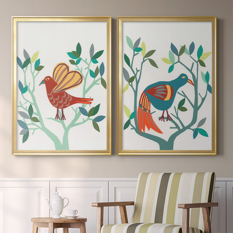 Toile encadrée de qualité supérieure Whitty Bird I - prête à être accrochée, Or, H 41,25 po x l 61 po x P 1,25 po