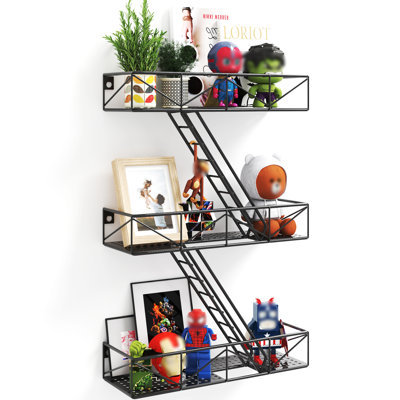 Fire Escape Shelf - 3 niveaux étagères murales noires avec panier de rangement, étagères décoratives en métal New York, figurine flottante bricolage pour la chambre à coucher