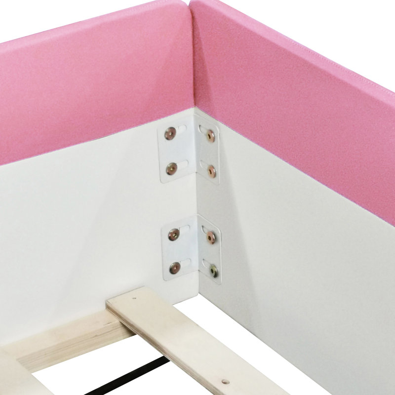 Très grande structure de lit de jour rembourrée avec clôture, aspect rose et blanc, dix lattes de lit pour plus de durabilité, installation rapide, installation facile