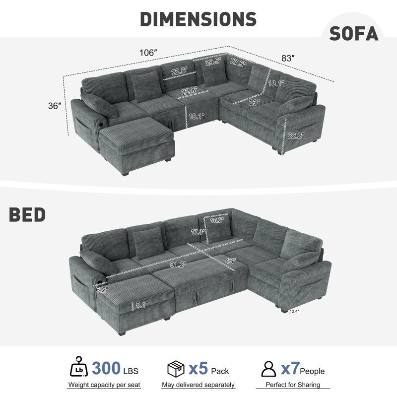 George 106" Upholstered Corduroy L Shaped  Modular Sectional Sleeper Sofa with Pull Out Bed and Storage Ottoman, Grey