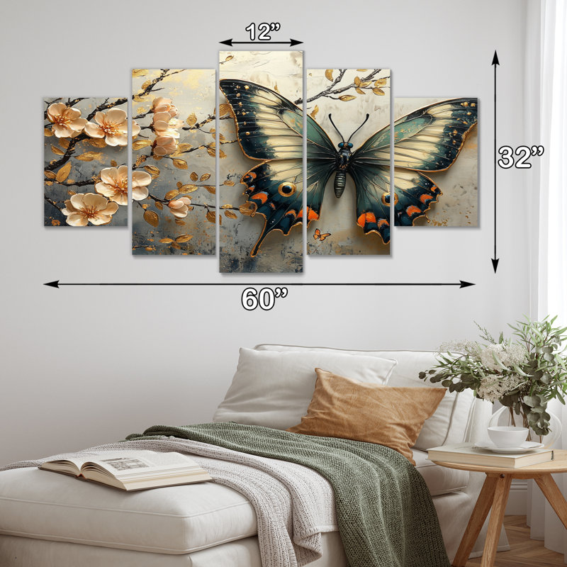 Papillon rétro sur une branche de cerisier en fleurs - ensemble d'art sur toile