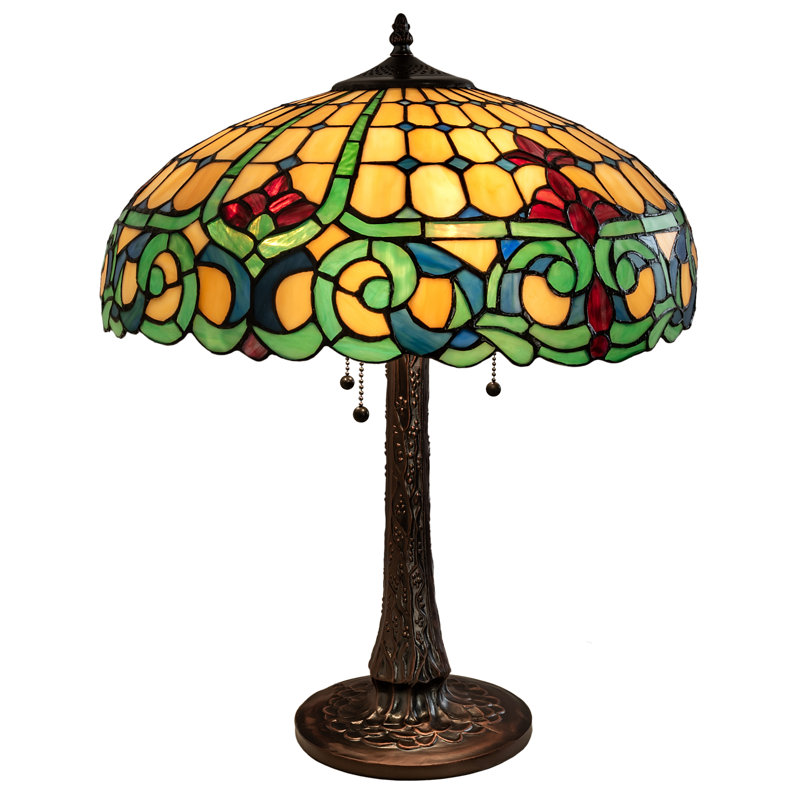 22" Mahogany Bronze Stained Glass Table Lamp with Ruby and Amber Accents
