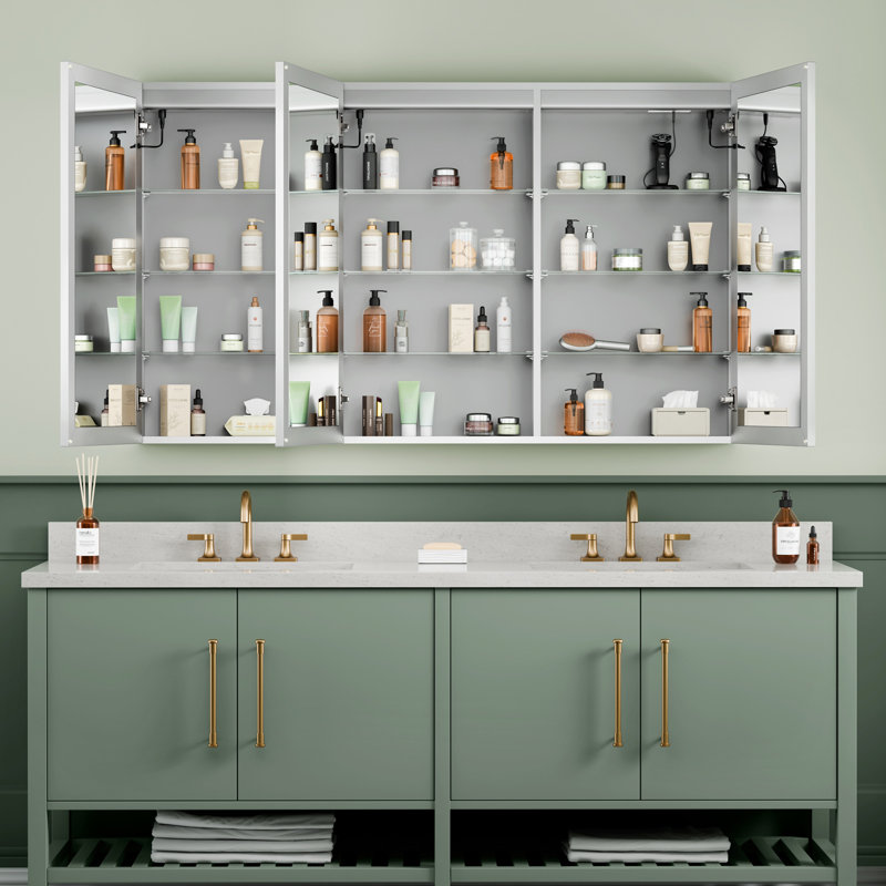 Tempered-Mirror Medicine Cabinet with Lights, Modern Edge-Lit Strip, Plug-in/Hardwired, Anti-Fog/3 Colors/Dimmable, Outlets&USBs, ETL Listed, Surface Mount/Recessed