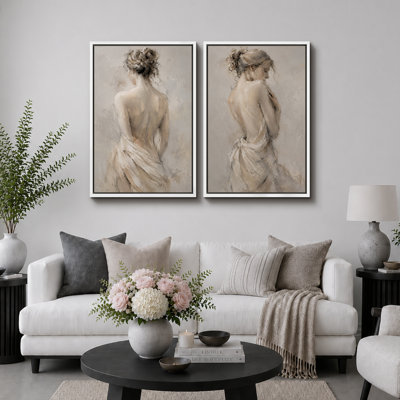 Elegant Woman Figure Artwork, Bedroom Pictures, Framed Canvas Giclee Print 2 Pieces Wall Art