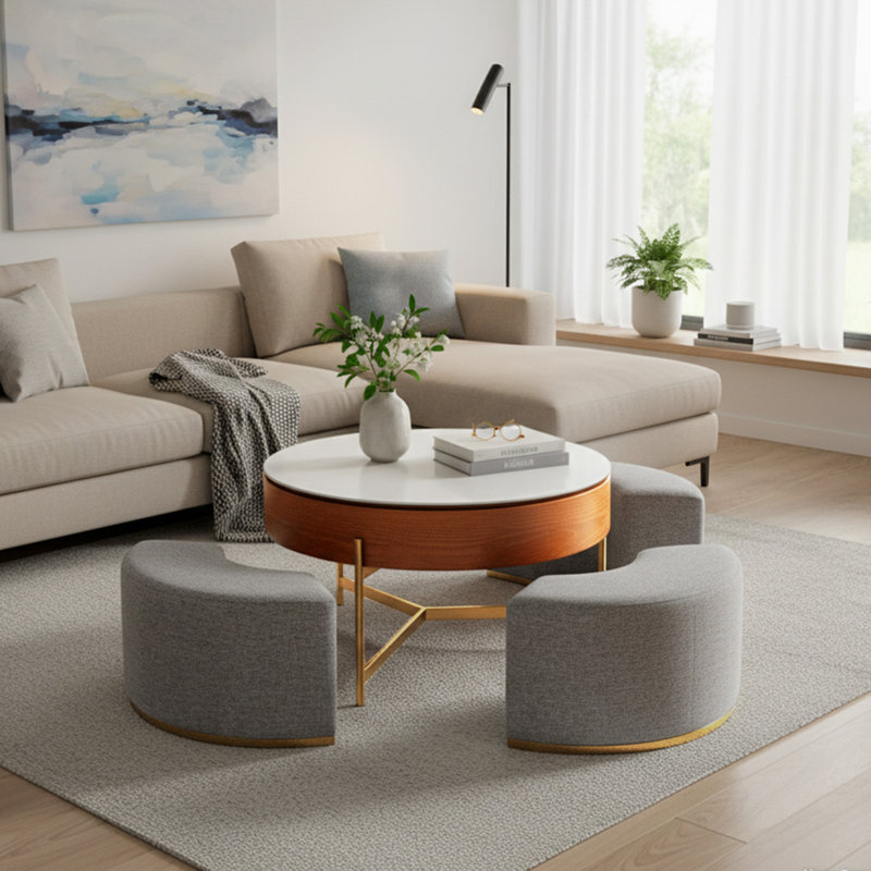 Modern Lift Top 3 Storable Stools Sintered Stone Coffee Table with Storage, Gray