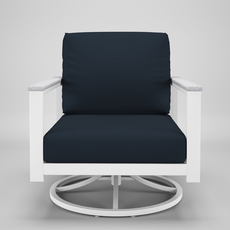 Chaise berçante d'extérieur en métal avec coussin Sunbrella Townsend, Toile bleu marine, Blanc