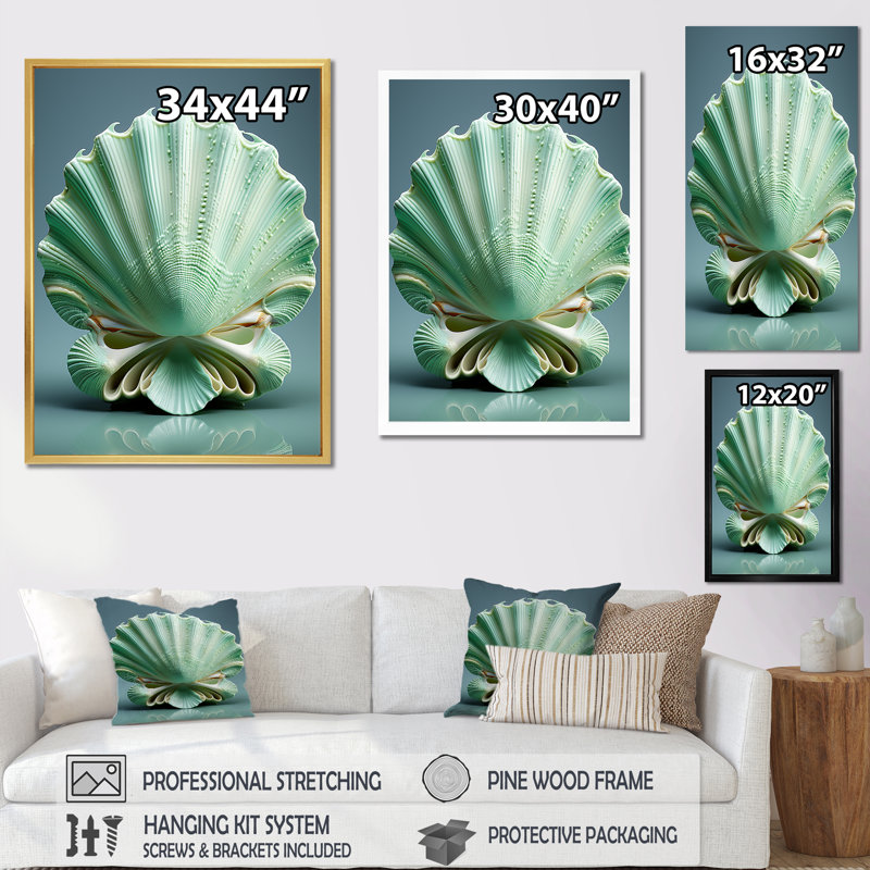 «Green Clam Ocean Treasures II», reproduction sur toile, Cadre simple blanc, H 20 po x l 12 po x P 1 po