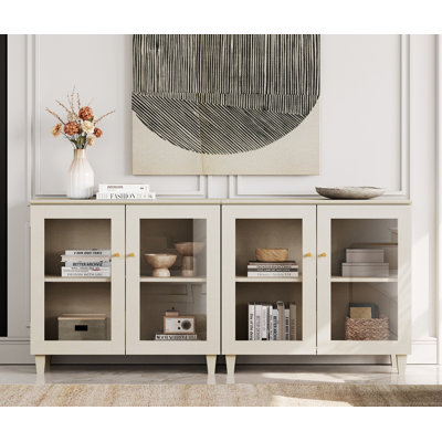 Meuble télé 2 en 1 avec portes en verre, console multimédia avec tablettes réglables et gestion des câbles