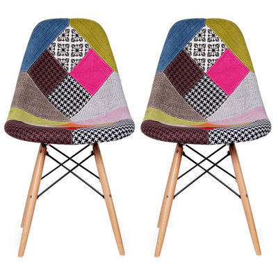 Set of 2 Molded Shell Designer Assemble Dinning Chair Side No Arms Wheels Armless Natural Wood Wooden Eiffel for Dining Room Bedroom Kitchen, Patchwork