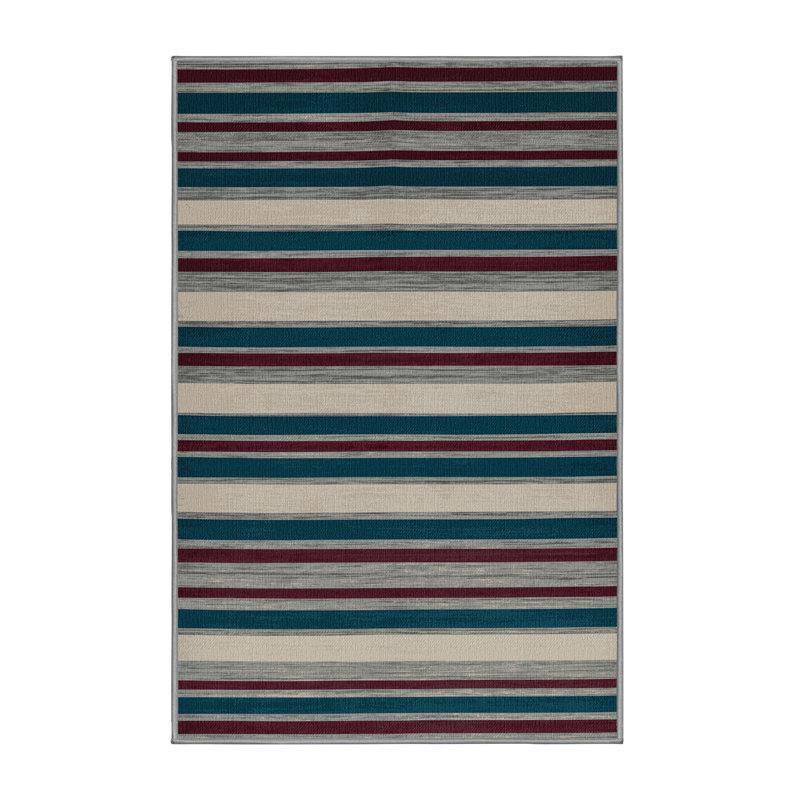 Washable Sapphire Light Gray Striped Area Rug, Rectangle 6' x 9'