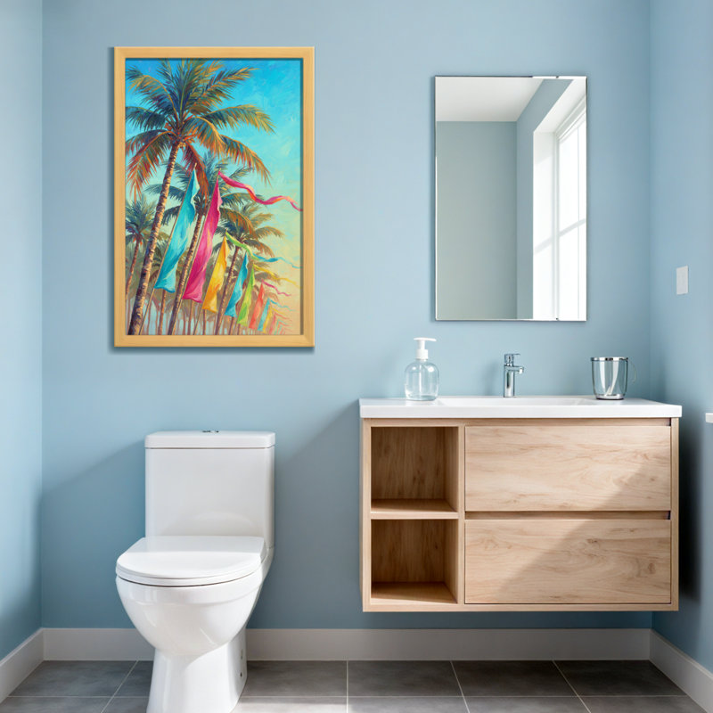 Plantes et fleurs, palmiers, drapeaux colorés, ciel tropical, H 18 po x l 12 po, Toile tendue, Ne s’applique pas