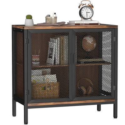 Accent Cabinet with Mesh Doors, Metal Storage Cabinet, Rustic Brown 3-Tier Sideboard with Wood Grain Top