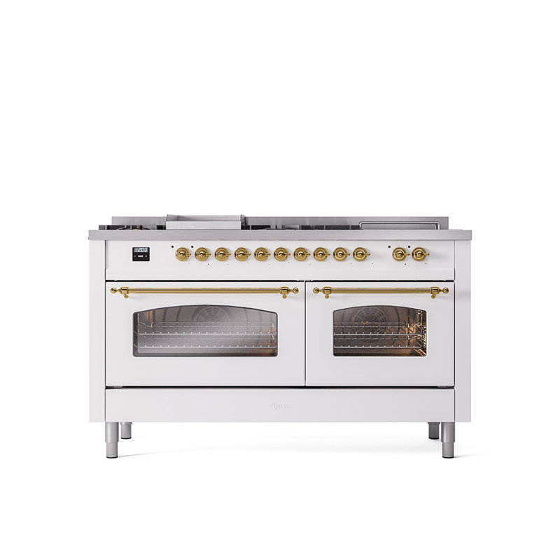 ILVE Nostalgie II Series 60 inch Dual Fuel Range with 5 Sealed Burners, Griddle, Frenchtop (Glass Door), White/Brass