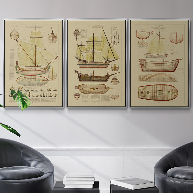 Antique Ship Plan I 3 pièces, H 27 po x l 54 po, Argent