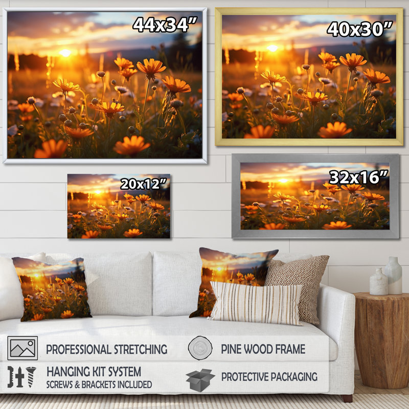 «Yellow Wildflowers Field with Sunset I», reproduction d'art sur toile, 16" H x 32" W, Cadre naturel flottant